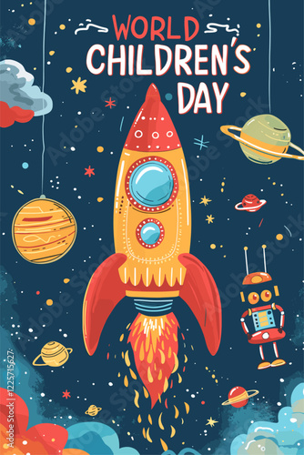 World Children's Day illustration of space rocker with vibrant colors