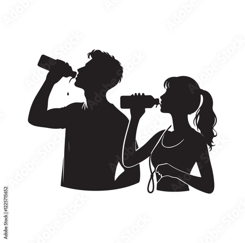young man and woman drinking water 
silhouette vector illustration