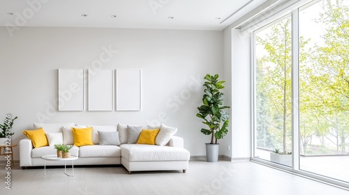 Modern white living room with large window, plants, and empty frames