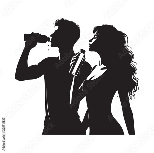 young man and woman drinking water 
silhouette vector illustration