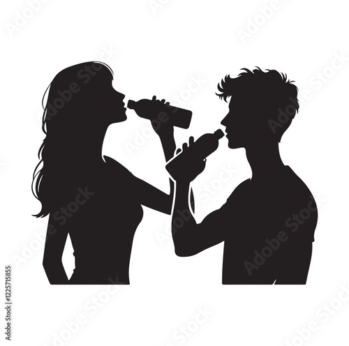 young man and woman drinking water 
silhouette vector illustration