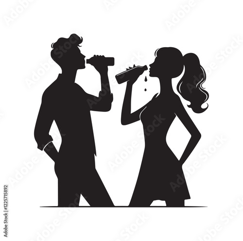 young man and woman drinking water 
silhouette vector illustration