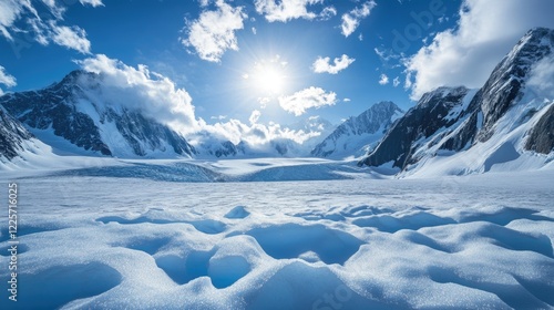 Sun-Drenched Glacial Valley Surrounded by Snow-Capped Mountains