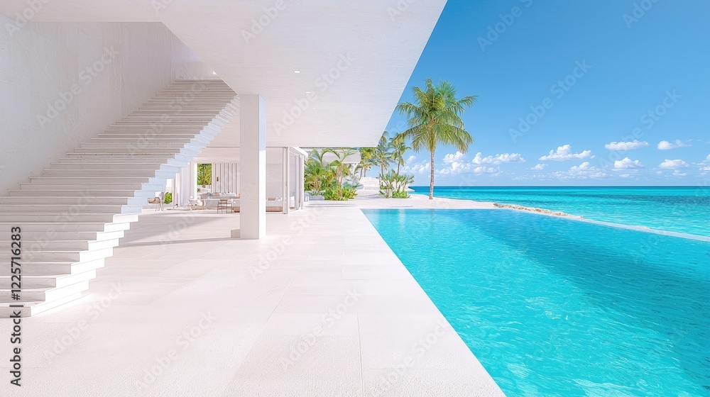 Fototapeta premium Modern white minimalist villa with a swimming pool overlooking the turquoise ocean under a clear blue sky.