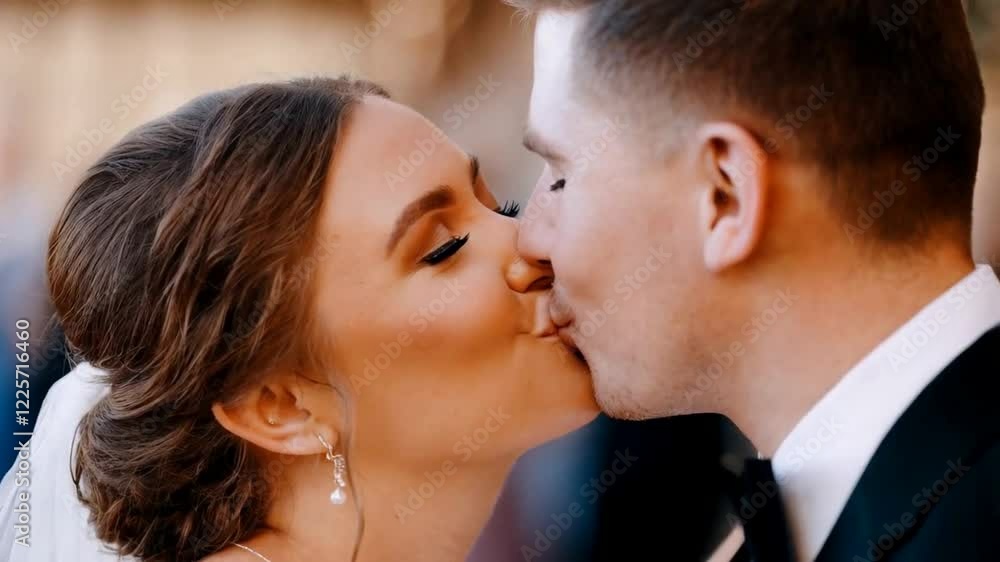 Slow Motion Close-Up of a Couple’s First Kiss as Husband and Wife – A tender, high-definition, cinematic moment where lingering smiles capture deep love and romantic promise in exquisite detail. Slow Motion Close-Up of a Couple’s First Kiss as Husband and Wife – A tender, high-definition, cinematic moment where lingering smiles capture deep love and romantic promise in exquisite detail.