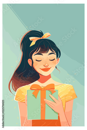Girl holding gift box with joy. Cartoon illustration
