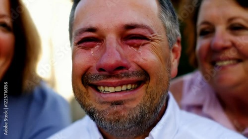 Man Sheds Tears of Joy While Embracing Family After Achieving Personal Milestone in Slow Motion Close-Up