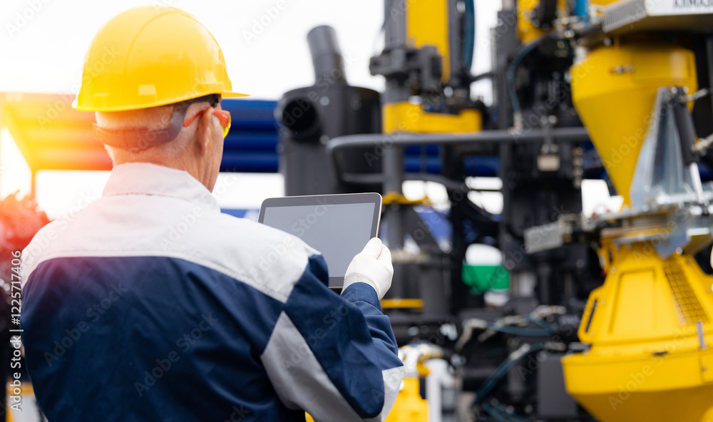 Offshore worker inspect with tablet drilling rig for exploration of minerals for oil, gas and artisan water. Concept smart online Industry Offshore worker inspect with tablet drilling rig for exploration of minerals for oil, gas and artisan water. Concept smart online Industry