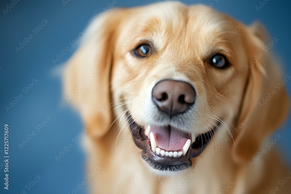Happy golden retriever with bright blue eyes and friendly smile against blue background, close-up portrait showing joyful expression and healthy teeth. Happy golden retriever with bright blue eyes and friendly smile against blue background, close-up portrait showing joyful expression and healthy teeth.