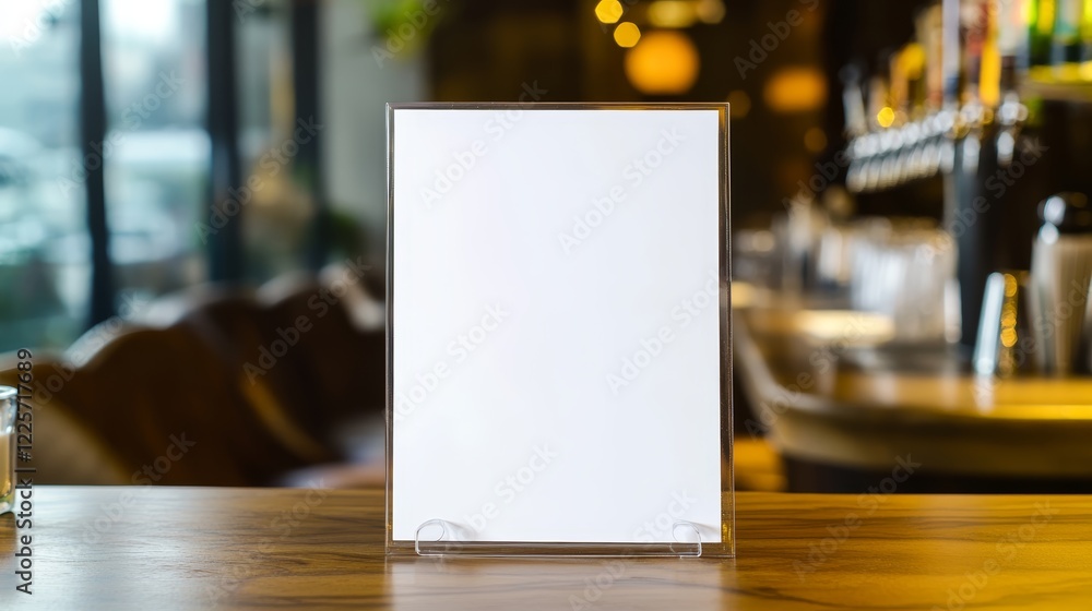 Mock up Menu frame in Bar restaurant Stand for booklets with white sheets of paper acrylic tent card on wooden table on Mock up Menu frame in Bar restaurant Stand for booklets with white sheets of paper acrylic tent card on wooden table on