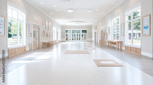 Bright hallway in a childcare center, sunlight streams through windows, showing activity mats on floor. Use Interior design, education