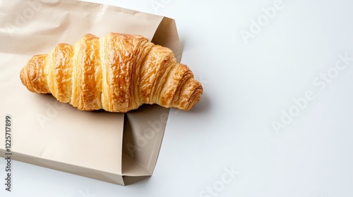 Paper bag with croissant on white background Space for design
