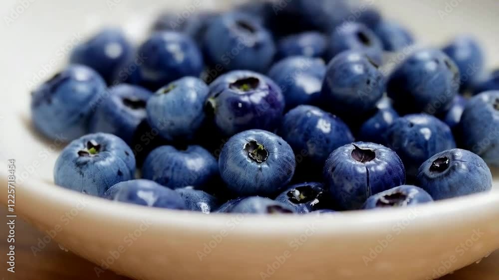 Slow Motion Blueberries Pouring into Bowl with Gentle Bounces and Rippling Water Surface, Satisfying Visual Effect Slow Motion Blueberries Pouring into Bowl with Gentle Bounces and Rippling Water Surface, Satisfying Visual Effect