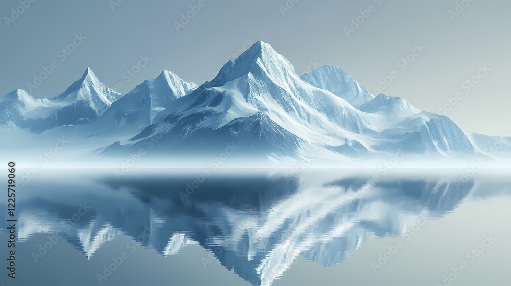 Fototapeta premium Majestic icy mountain peaks and frozen lake landscape. Crystal Peaks. Illustration