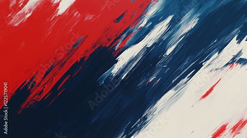 A bold abstract design featuring red, white, and navy blue brush strokes, creating a dynamic and vibrant background with a textured artistic feel.