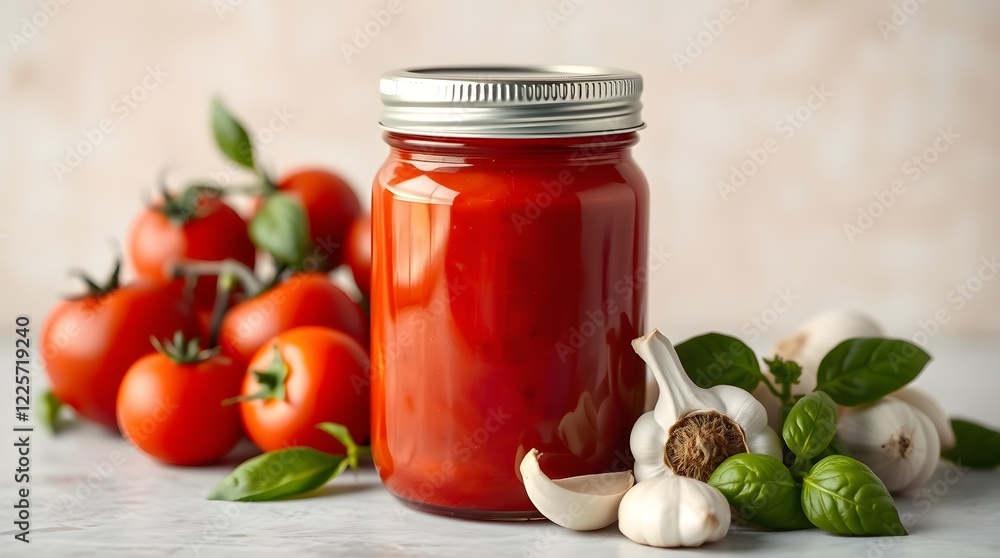 A jar of vibrant red tomato sauce with a metal lid is the focal point, set against a softly blurred neutral background. Accompanying the jar are fresh tomatoes A jar of vibrant red tomato sauce with a metal lid is the focal point, set against a softly blurred neutral background. Accompanying the jar are fresh tomatoes