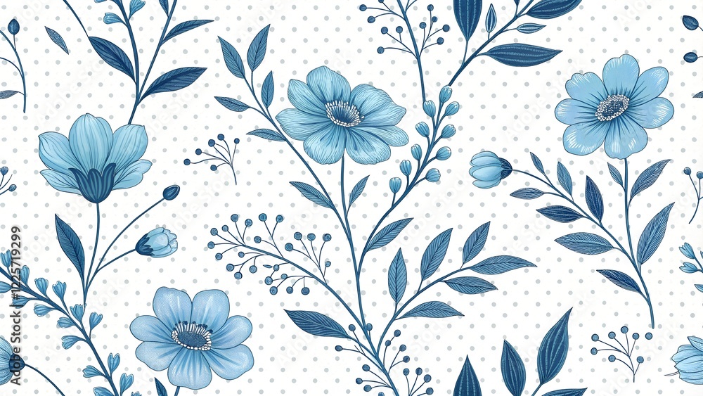 Blue flowers on white dotted background. Vector seamless pattern. Best for textile, wallpapers, home decoration, wrapping paper, package and web design.
Blue flowers on white dotted background. Vector seamless pattern. Best for textile, wallpapers, home decoration, wrapping paper, package and web design.