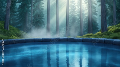 a tranquil hot spring in a forest, steam rising into the crisp morning air
