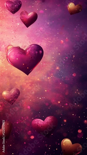 Bright hearts floating on a dreamy cosmic background with warm colors. Valentine's day concept