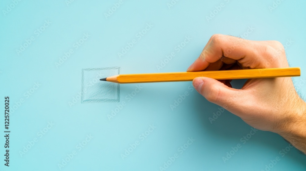 Top close up pov above overhead view photo of hand holding wooden pencil starting to draw a picture isolated over blue pastel color background Top close up pov above overhead view photo of hand holding wooden pencil starting to draw a picture isolated over blue pastel color background