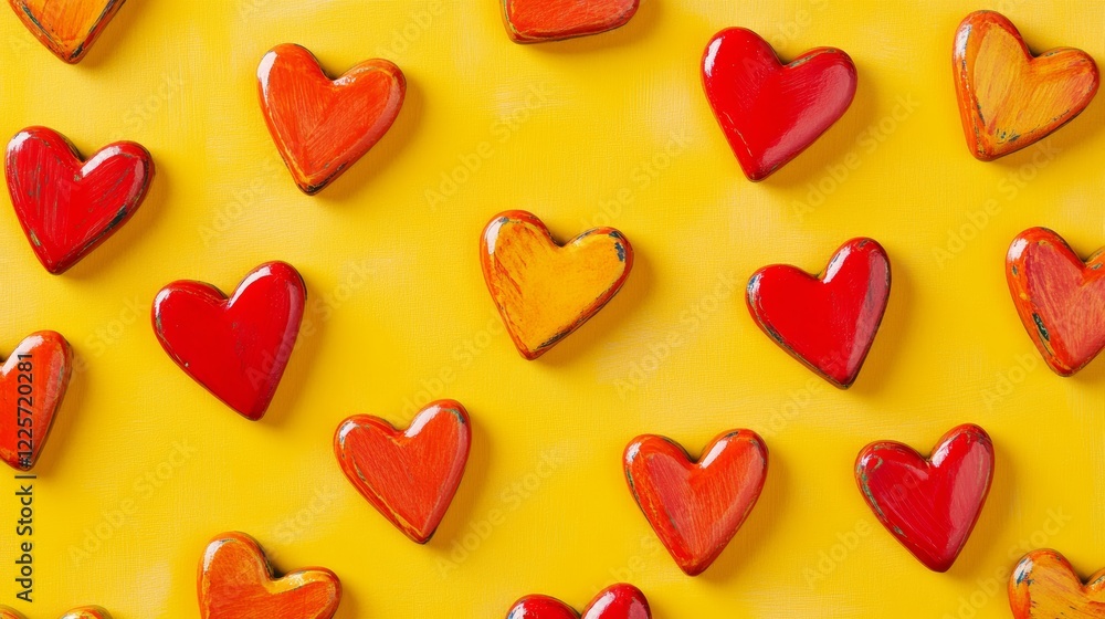 Obraz premium Seamless Red hearts pattern on yellow background Top view flat lay layout Romantic colorful pattern