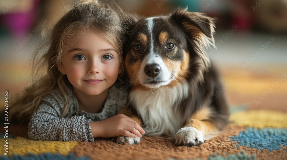 A cheerful young girl lies on a colorful rug next to her loyal dog. They share a close bond, showcasing warmth and affection in a cozy indoor setting. A cheerful young girl lies on a colorful rug next to her loyal dog. They share a close bond, showcasing warmth and affection in a cozy indoor setting.