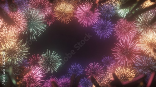 Wide angle Beautiful background fireworks located in the corners Frame of many multicolored fireworks