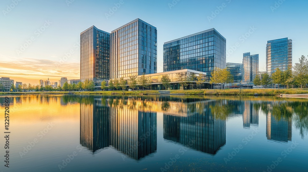 Modern Office Buildings Reflected in a Calm Water Body at Sunset Modern Office Buildings Reflected in a Calm Water Body at Sunset