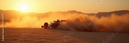 A dynamic shot of a racing car kicking up dust during sunset, showcasing speed and power in an outdoor setting, perfect for motorsport and automotive themes. photo