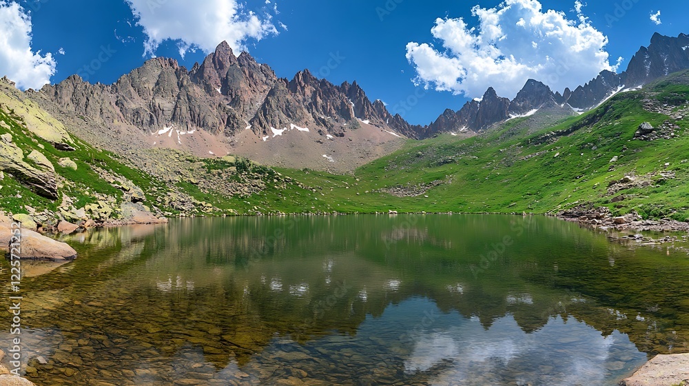 A tranquil mountain lake with crystal-clear water reflecting the surrounding peaks and a few scattered clouds 