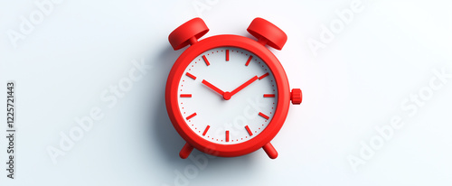 Red vintage alarm clock with white face and classic twin bells, minimalist time management concept, punctuality and morning routine symbol against a clean white background photo