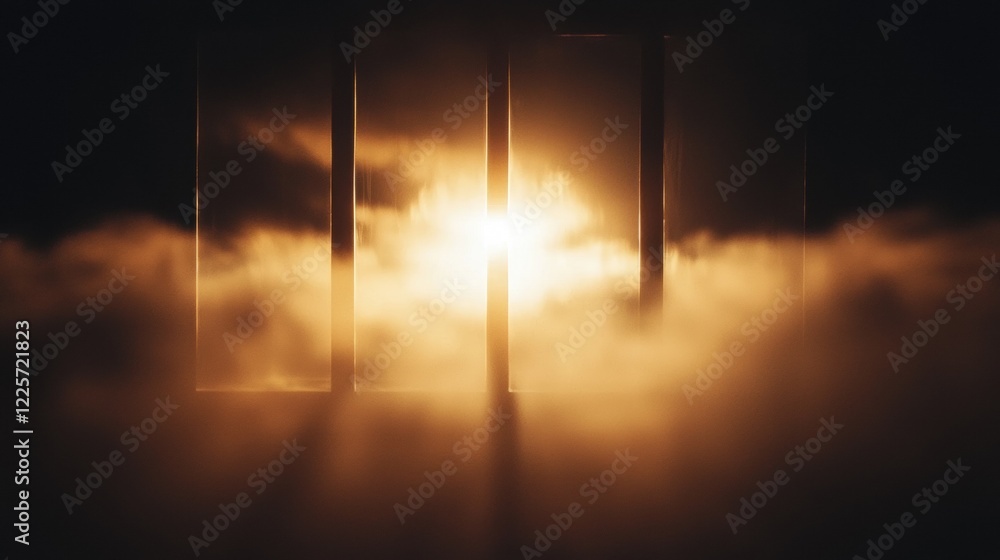 A window with a light shining through it and a foggy atmosphere