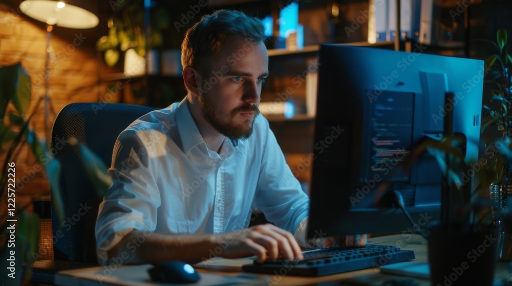A man is sitting at a desk with a computer monitor in front of him A man is sitting at a desk with a computer monitor in front of him