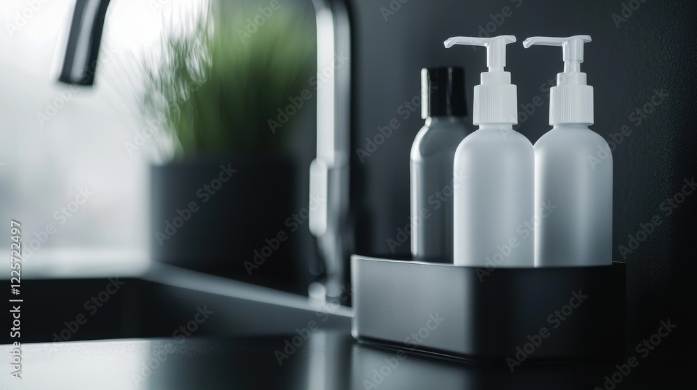 Three bottles of liquid soap are sitting on a counter next to a sink