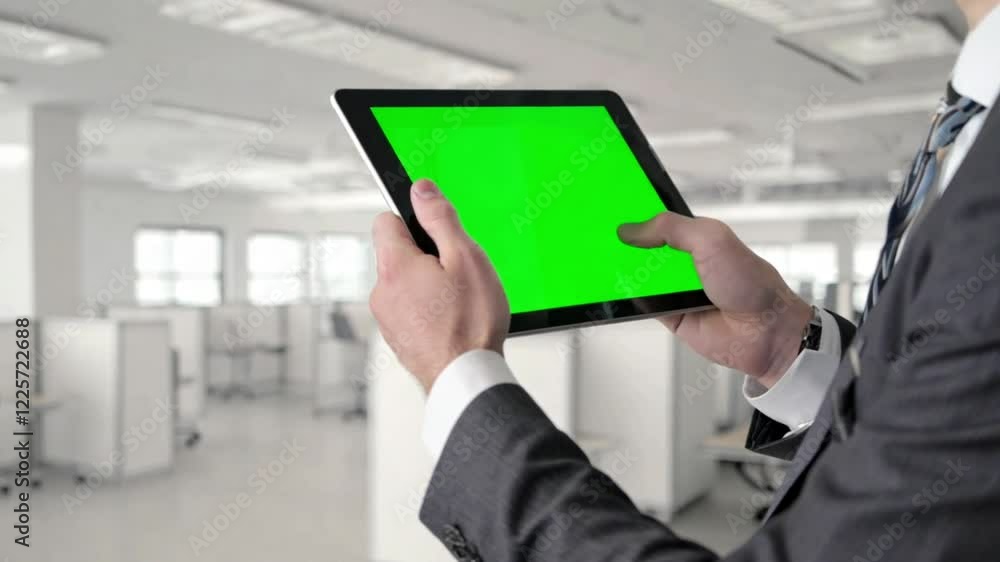 Close up. Over shoulder view of Caucasian businessman holding black tablet with green screen in hand sitting at workplace at office, device gadget with chroma key, technology business concept Close up. Over shoulder view of Caucasian businessman holding black tablet with green screen in hand sitting at workplace at office, device gadget with chroma key, technology business concept
