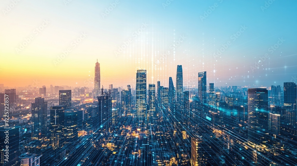 Obraz premium Illuminated Skyscrapers in a Futuristic City at Sunset