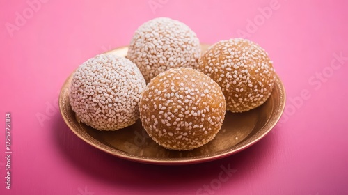 Tilgul ladoo with Til gur baati and Til mawa bati on bright pink background blank space to write sankranti wishes and greetings with fonts and text Sesame seeds sweets recipes photo