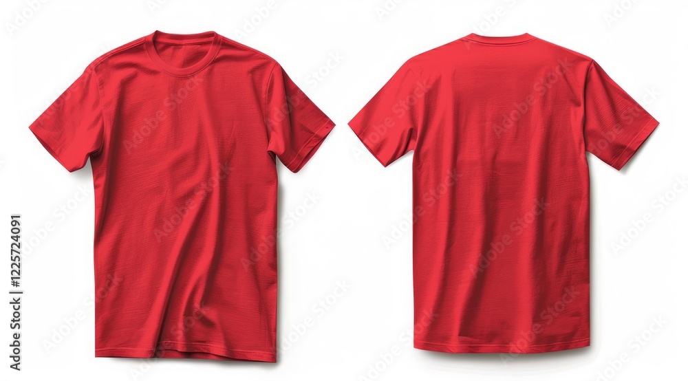 Front and back view of red t-shirt isolated on white background perfect for apparel brand mockups, logo designs, and textile designs. Front and back view of red t-shirt isolated on white background perfect for apparel brand mockups, logo designs, and textile designs.