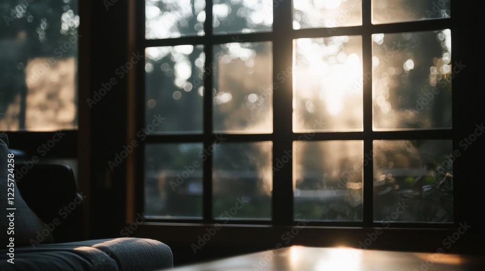 Fototapeta premium A window with a view of trees and a couch in the background