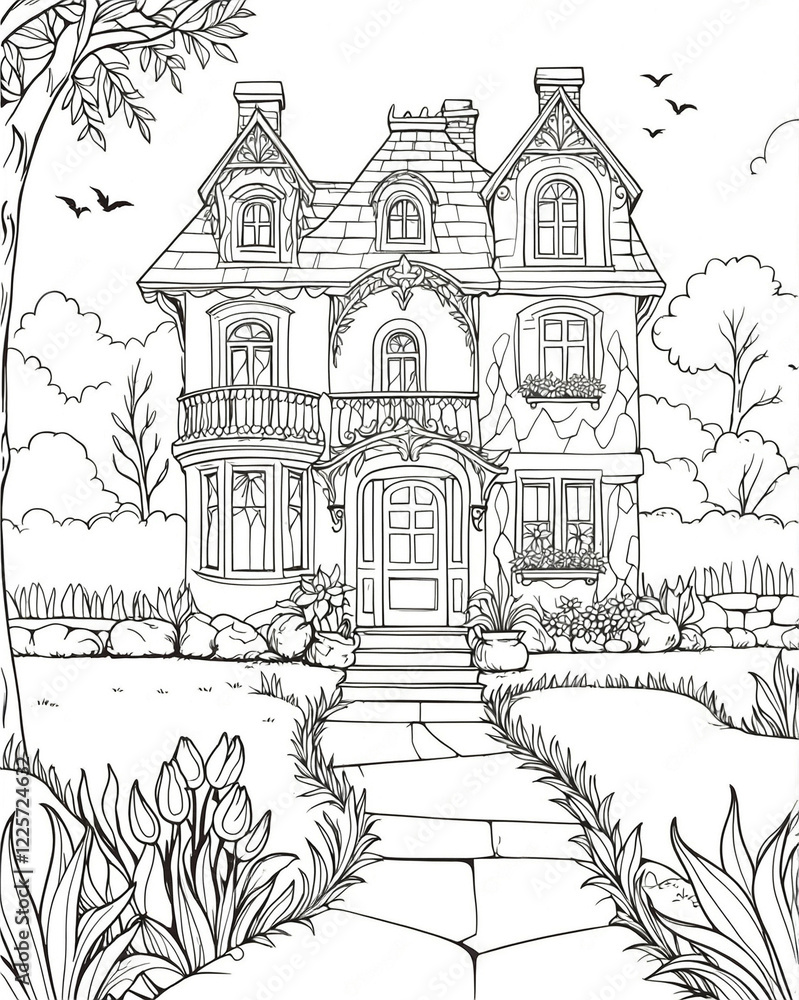 Obraz premium Complex and very detailed drawing of a house for a coloring book