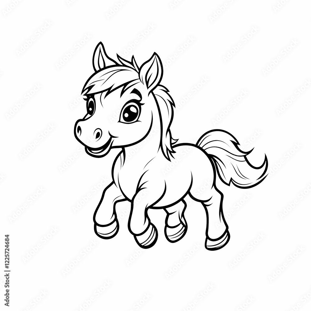 A cheerful cartoon pony with big eyes, prancing happily on a white background. A cheerful cartoon pony with big eyes, prancing happily on a white background.