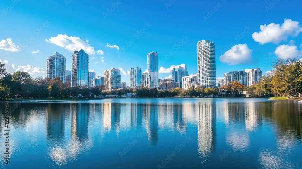 Fototapeta premium Modern City Skyline Reflected in Calm Lake Water