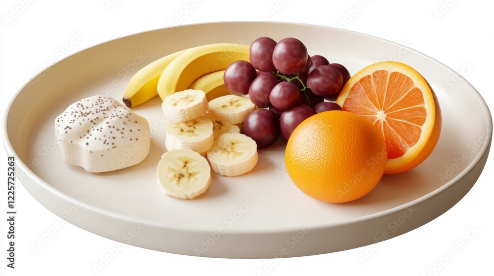 Fresh assortment of fruits including oranges, bananas, grapes, and plums presented elegantly on a large plate in a cozy kitchen setting Fresh assortment of fruits including oranges, bananas, grapes, and plums presented elegantly on a large plate in a cozy kitchen setting