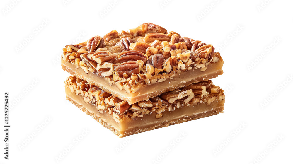 Pecan pie bars, stacked on top of each other, food photography, delicious, mouthwatering. Mockup for national pecan month, delicious sweet food, transparent background. Design element for poster, bann Pecan pie bars, stacked on top of each other, food photography, delicious, mouthwatering. Mockup for national pecan month, delicious sweet food, transparent background. Design element for poster, bann