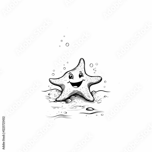 A cheerful starfish smiling underwater, surrounded by bubbles and calm waves. photo