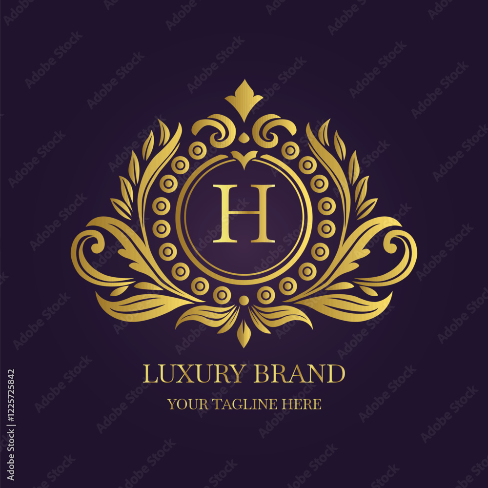Gold Letter 'H' Logo with Ornamental Patterns and Floral Motifs on Purple
Gold Letter 'H' Logo with Ornamental Patterns and Floral Motifs on Purple