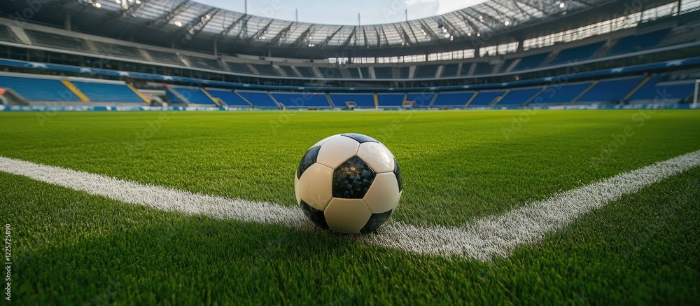 Fototapeta premium A Soccer Ball on a Green Field with White Lines and Blurred Stadium Seats in the Background