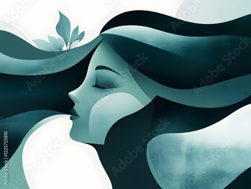 Abstract Woman Profile with Flowing Teal Hair and Leaves