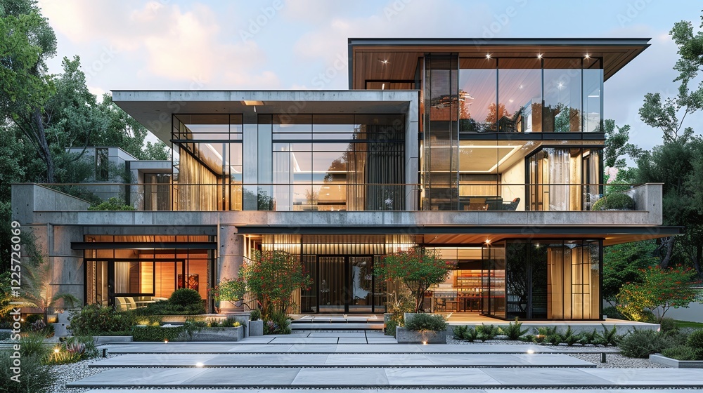 Fototapeta premium Luxury modern house exterior, glass-fronted contemporary home, architectural design with large windows, upscale residential property, landscaped garden, evening lighting, modern mansion style
