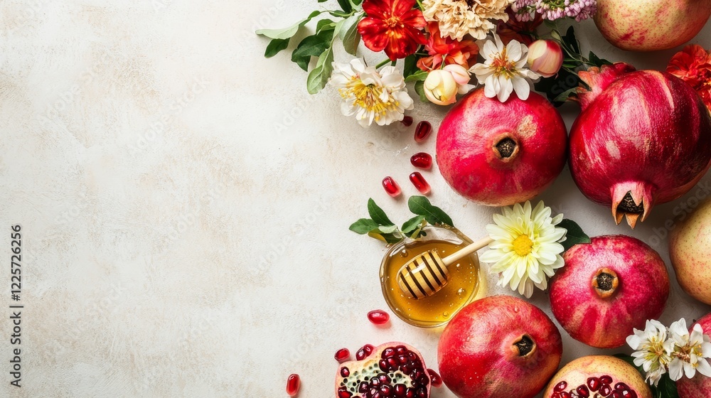 Ripe pomegranates apples flowers and honey on light background with space for text Rosh Hashanah (Jewish New Year) celebration Ripe pomegranates apples flowers and honey on light background with space for text Rosh Hashanah (Jewish New Year) celebration